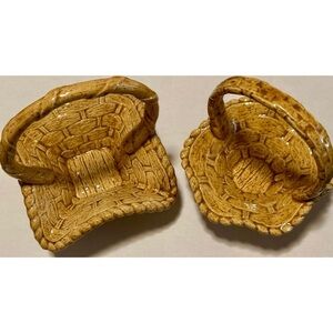 Set of 2 Mini Ceramic Basket Planters Rustic Woven Handle Decor